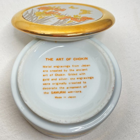 The Art Of Chokin Trinket Box Japanese Gold Trim Ceramic Bowl Engraved Lid - Picture 7 of 9